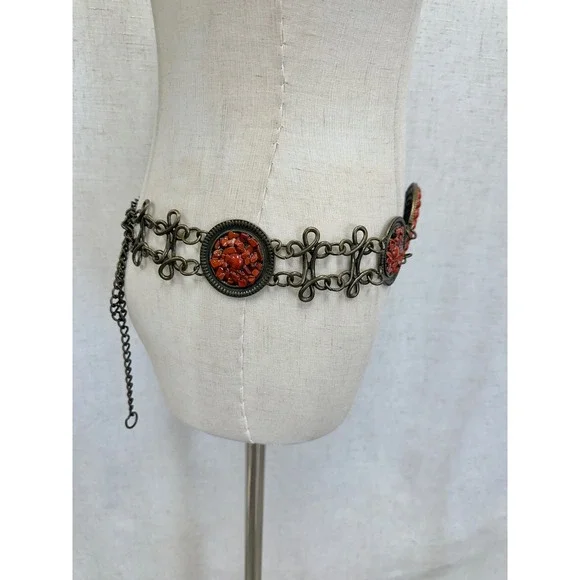 Medallion Chain Concho Belt Womens OS Red Faux Coral Antique Brass Boho Style - Picture 5 of 14